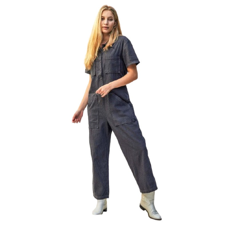 LACAUSA Womens Railroad Lucky Jumpsuit XS Dark Blue Gray Stripe Short Sleeve NWT