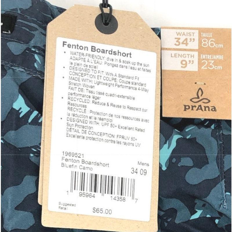 PRANA Men's Fenton Board Shorts Size 34 Large Bluefin Camo 9" Inseam UPF 50+ NWT