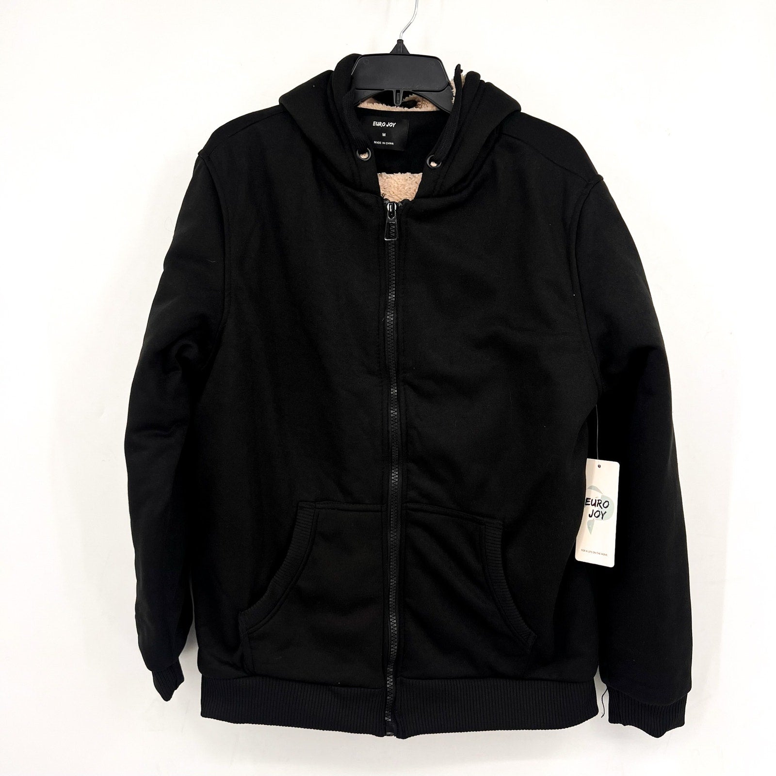 EURO JOY Womens Fleece Lined Hoodie Medium Black Sweatshirt Full Zip NWT