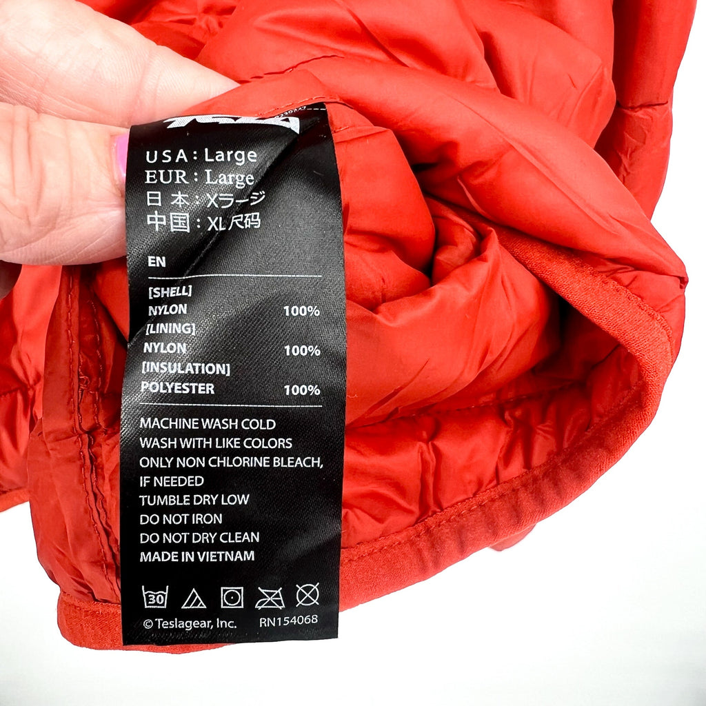 TSLA Mens Ascent Puffer Jacket Large Orange Red Lightweight Packable NWOT