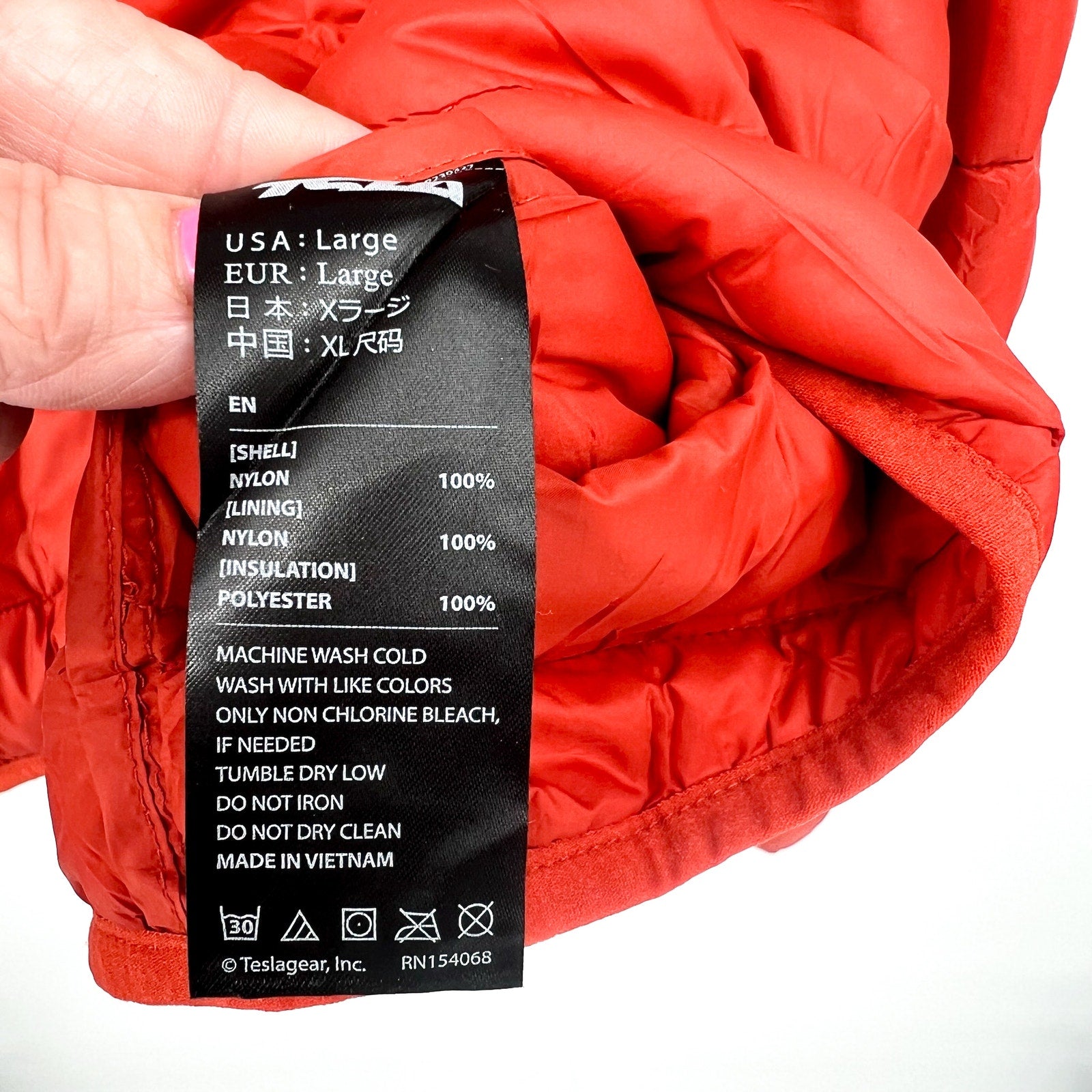 TSLA Mens Ascent Puffer Jacket Large Orange Red Lightweight Packable NWOT