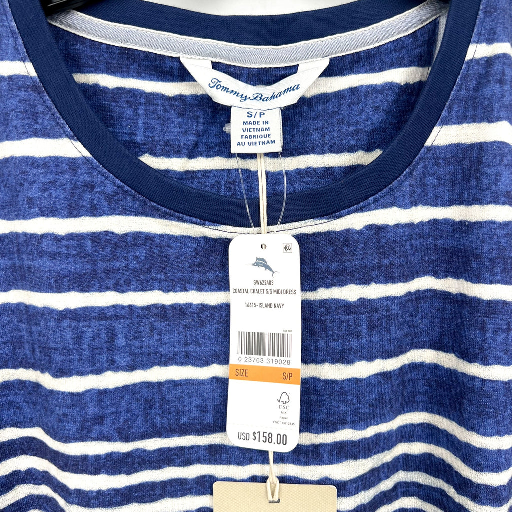 TOMMY BAHAMA Coastal Chalet Midi Dress Small Blue White Stripe Belt Knit NWT