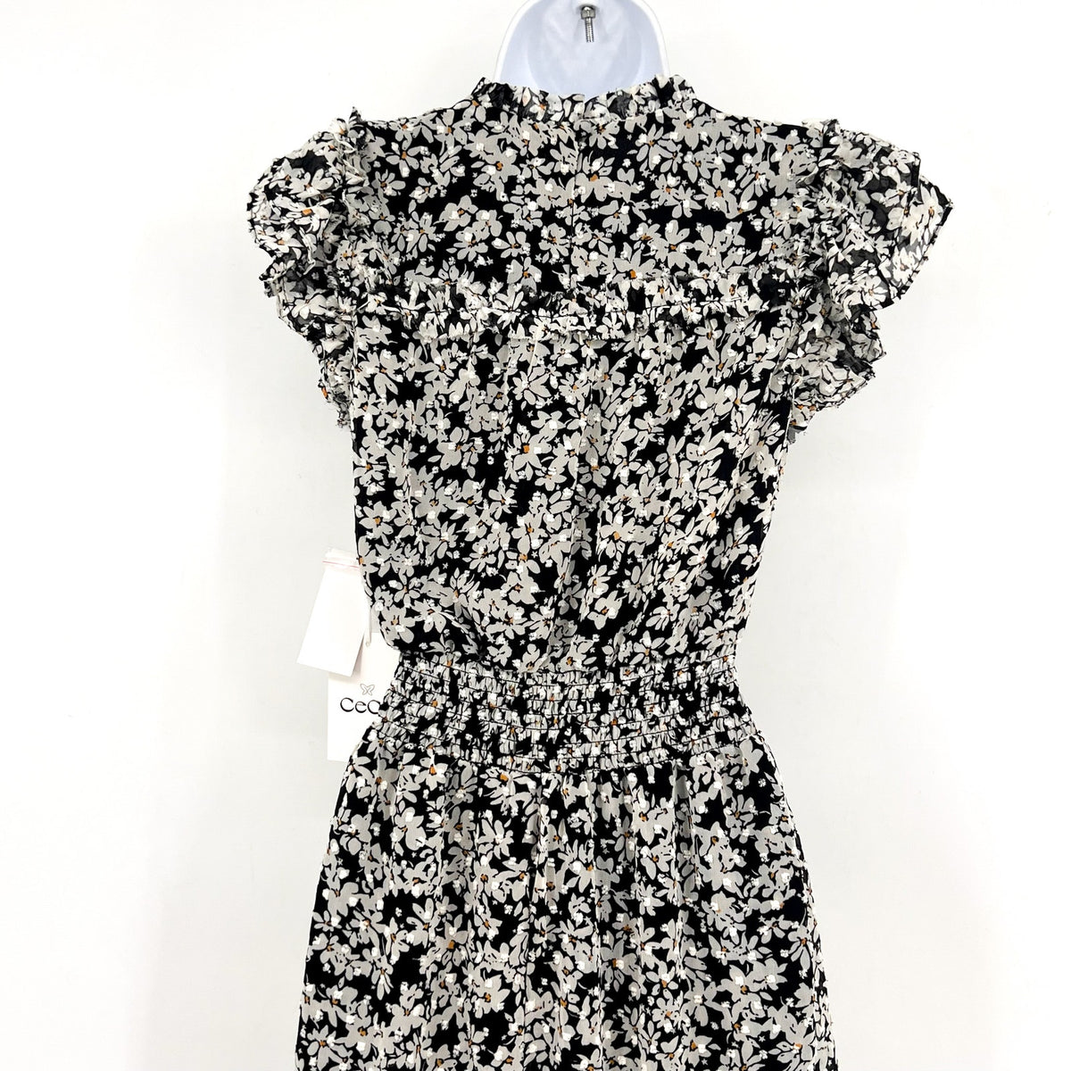 CECE Women's Floral Print Midi Dress Small Black White Smocked Waist NWT
