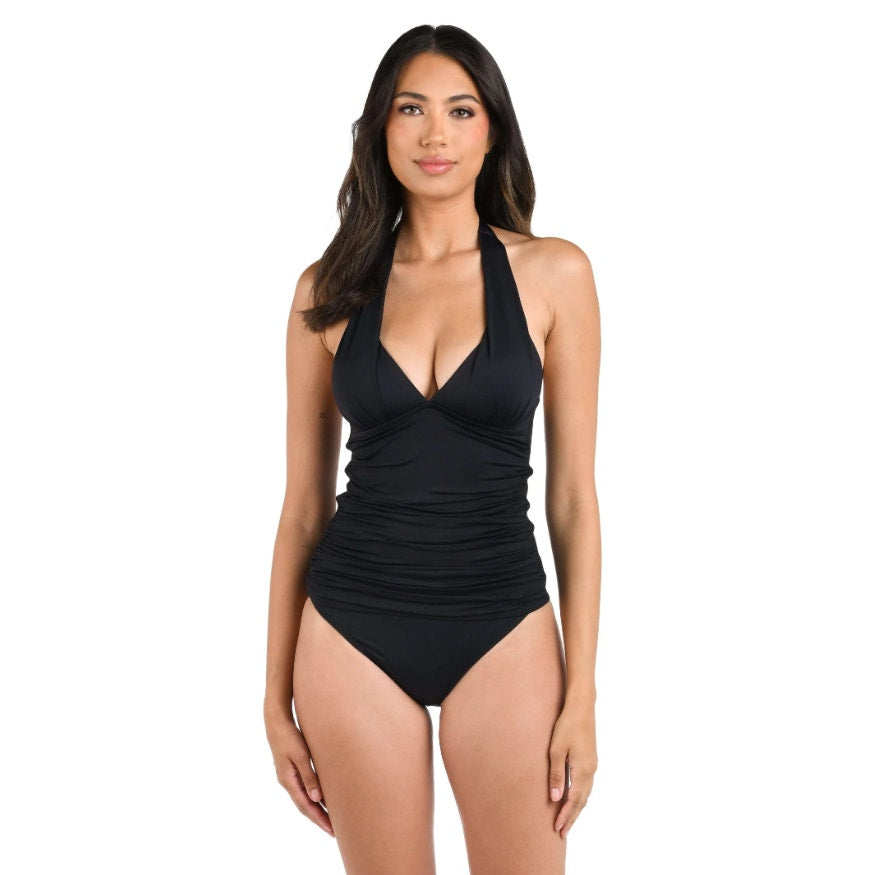 LA BLANCA Women's Island Goddess Halter Tankini Top Size 4 Black Stretch NWT