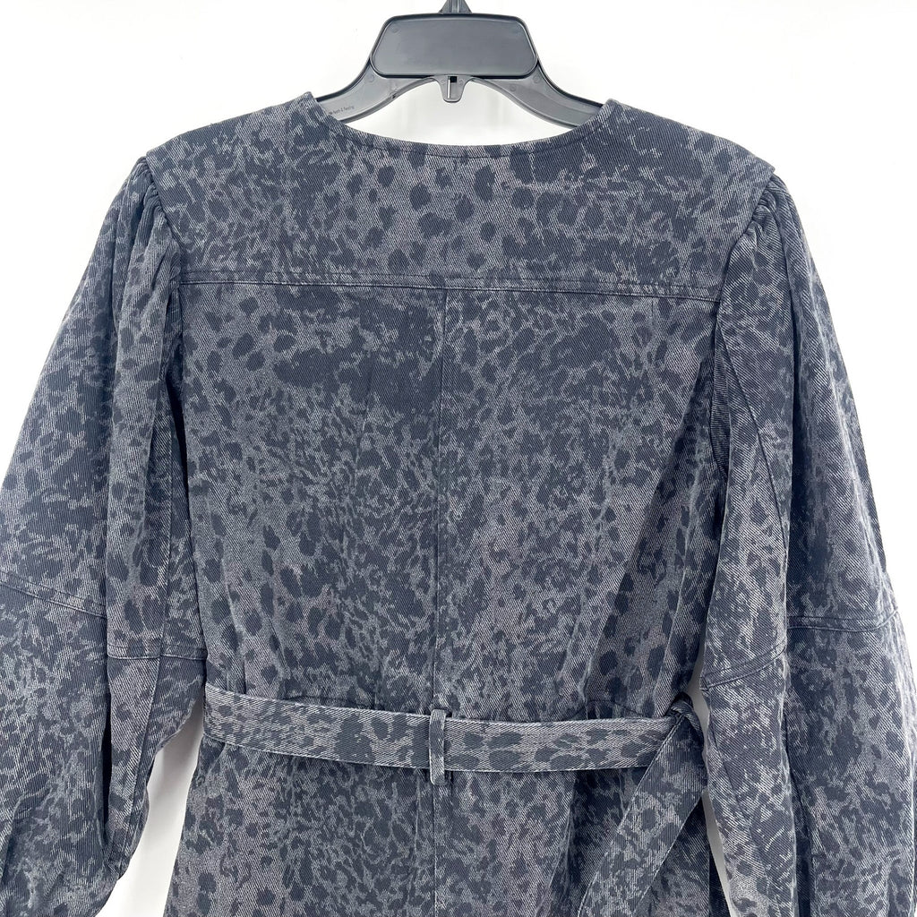 EN SAISON Womens Harlow Denim Romper Small Grey Charcoal Animal Print Belted NWT
