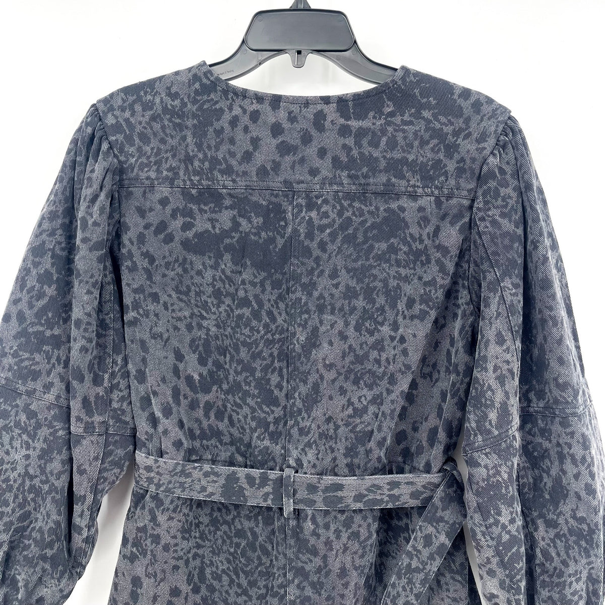 EN SAISON Womens Harlow Denim Romper Small Grey Charcoal Animal Print Belted NWT