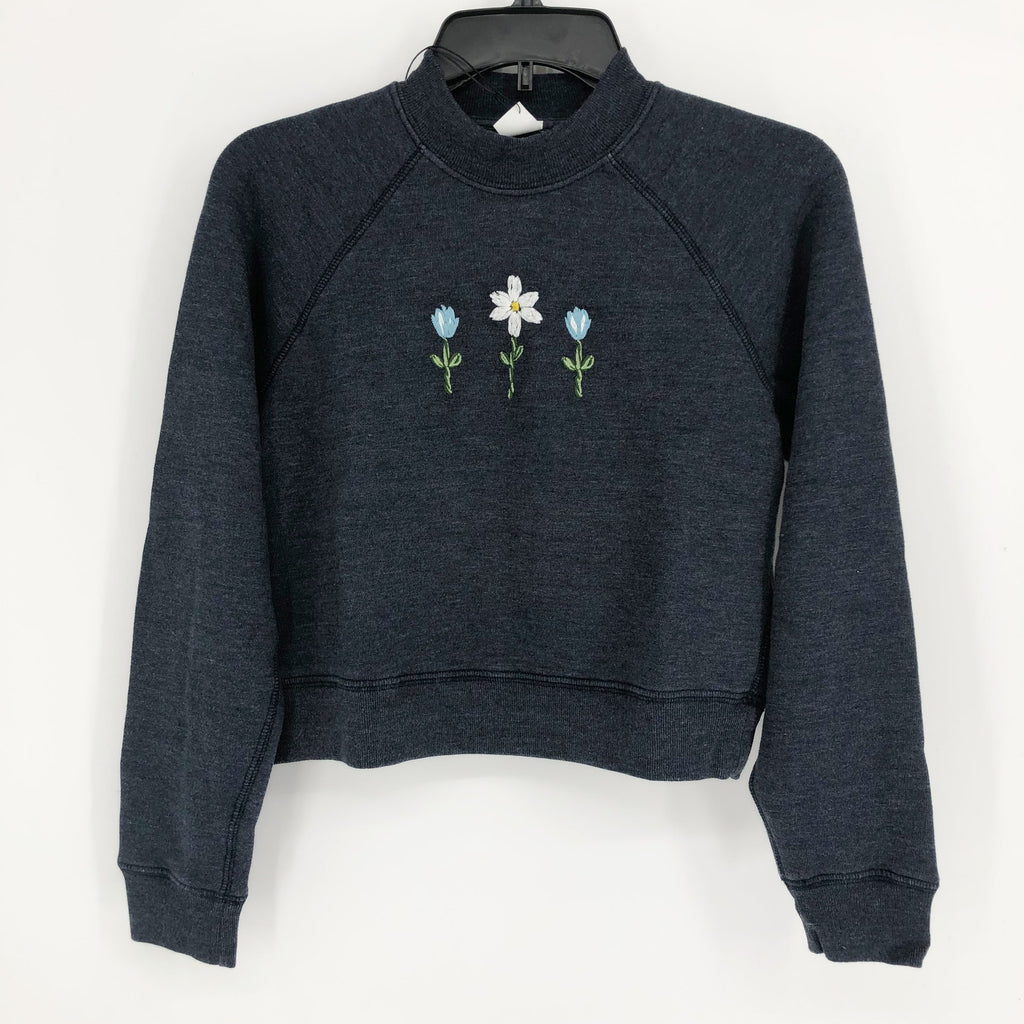 RE/DONE Women Shrunken Sweatshirt Small Heather Navy Blue Floral Embroidery NWT