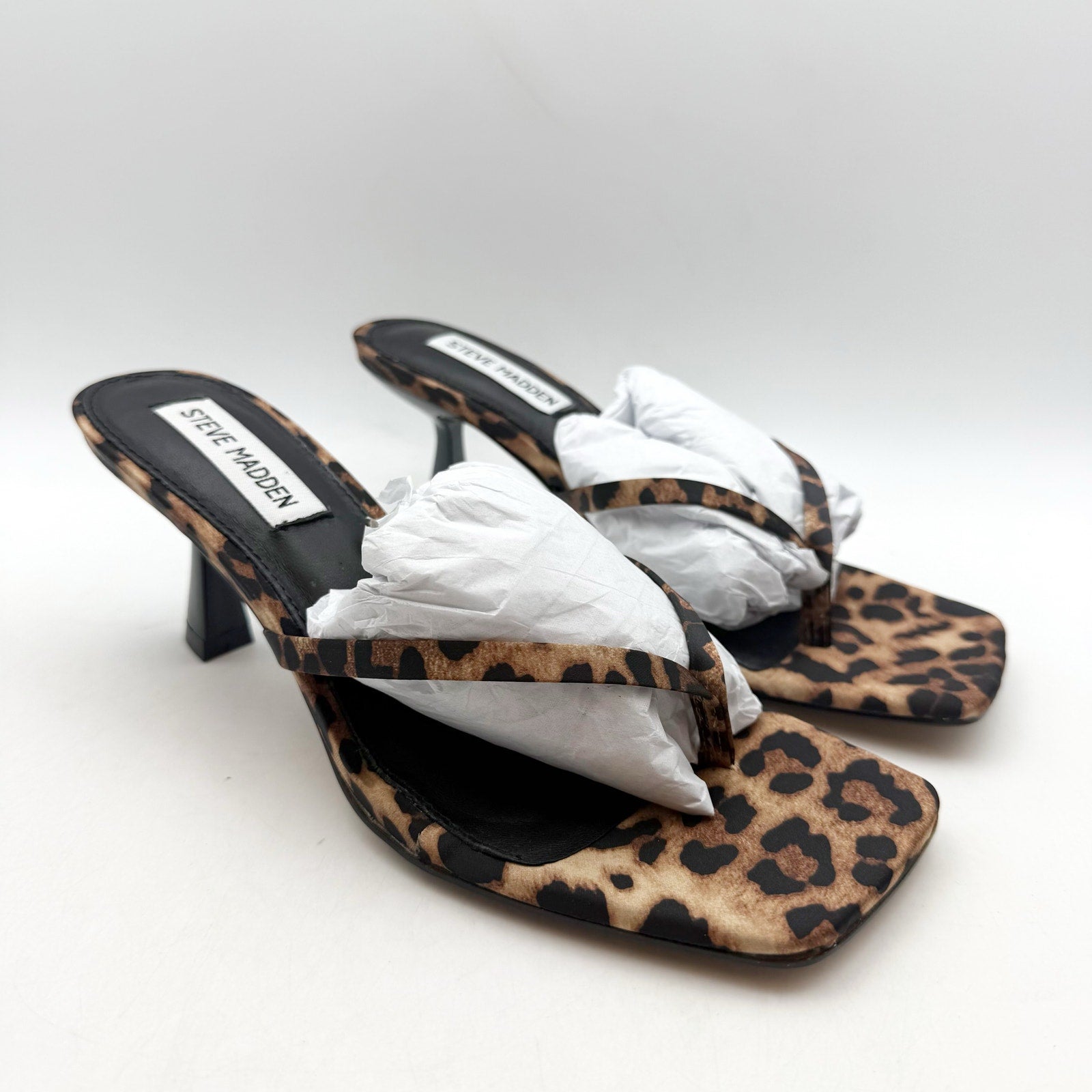 Steve Madden Womens Allies Heeled Sandals US 8.5 M Black Leopard Slip On NIB