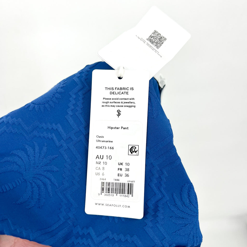 SEAFOLLY Womens Oasis Hipster Bikini Bottom Size 6 Blue Ultramarine Texture NWT