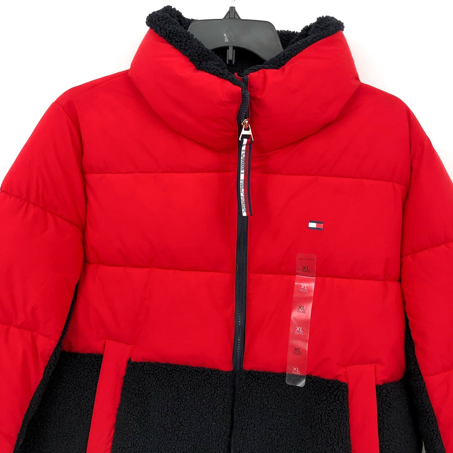 TOMMY HILFIGER Womens Colorblock Puffer Jacket XL Red Black Faux Fur Trim NWT