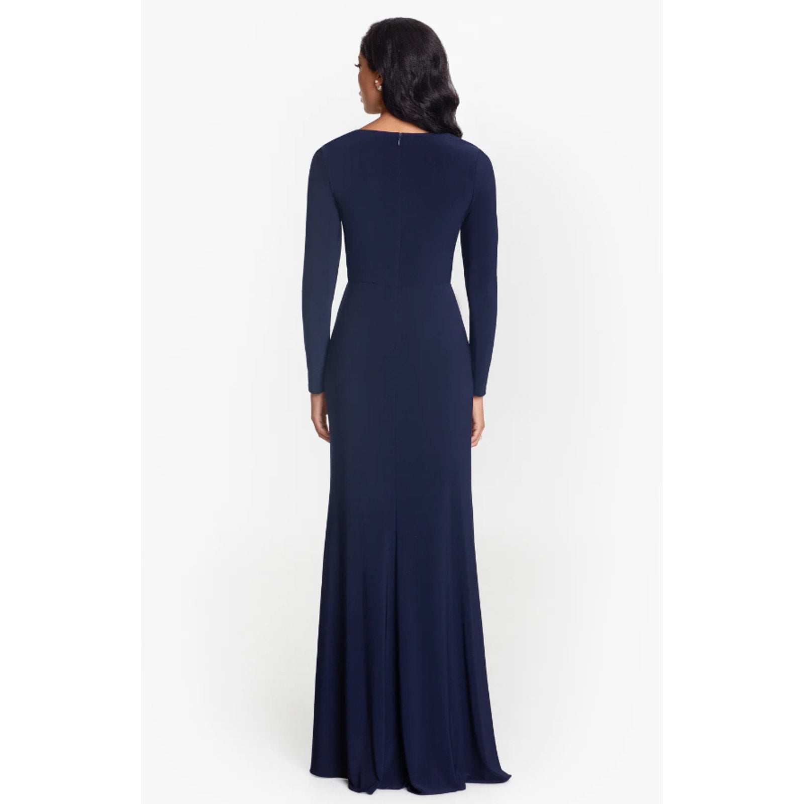 BETSY & ADAM Elle Long Sleeve Gown Size 16W Navy Blue Side Ruffled Slit NWT