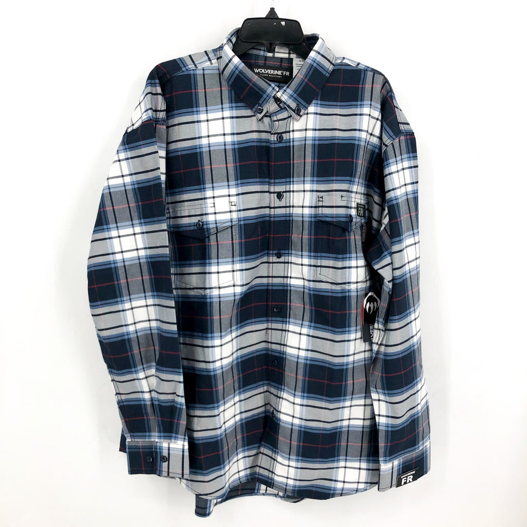 Wolverine Mens FR Twill Shirt XXL Blue White Plaid Long Sleeve NWT