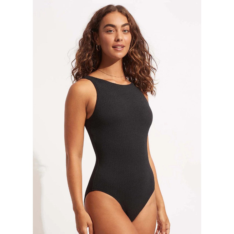 SEAFOLLY Sea Dive High Neck One Piece Swimsuit Size 6 Black Lace Back NWT