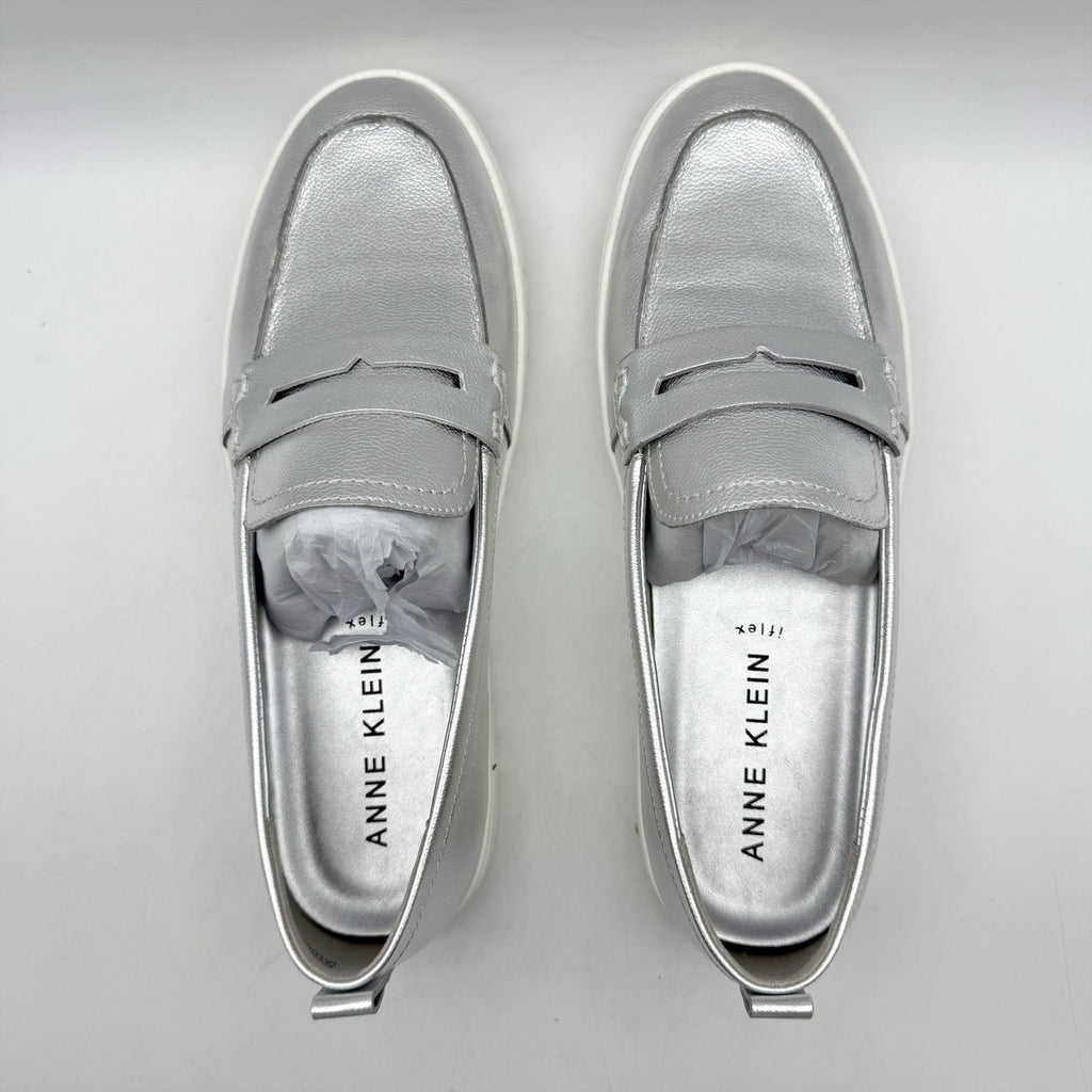 Anne Klein Womens Kalypso Penny Loafers US 9.5 M Silver Metallic Slip On NIB
