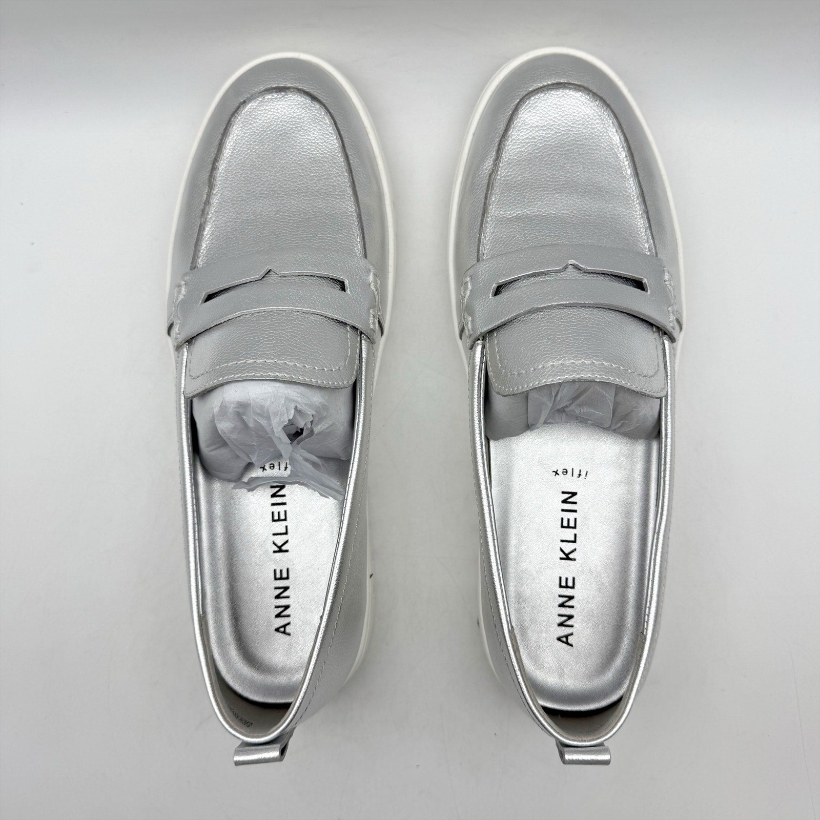 Anne Klein Womens Kalypso Penny Loafers US 9.5 M Silver Metallic Slip On NIB