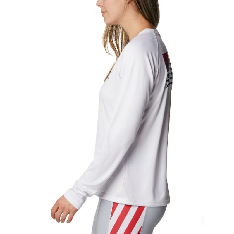 COLUMBIA Women's Tidal Tee PFG Fish Flag T-Shirt Large White USA Long Sleeve NWT