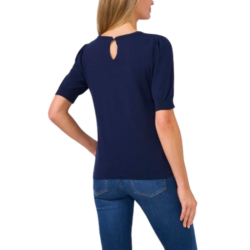 CECE Womens Knit Top Small Classic Navy Blue Pearl Button Short Sleeve NWT