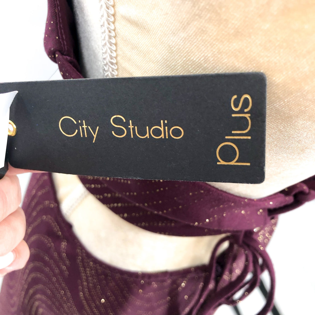 CITY STUDIO Sparkling Mini Halter Dress 20W Plum Purple Gold Cut-Out NWT
