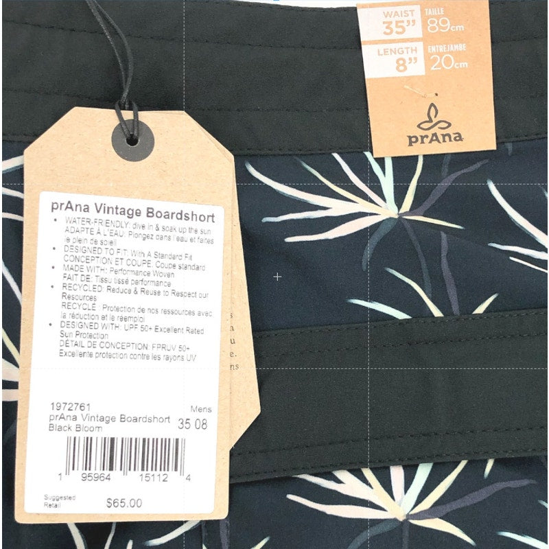 PRANA Men's Vintage Boardshort Large 35 Black Bloom 8" Inseam Drawstring NWT