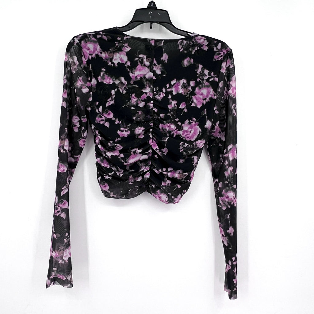 GANNI Women's Floral Mesh Crop Top Size 34 US 2 Black Pink Long Sleeve NWOT