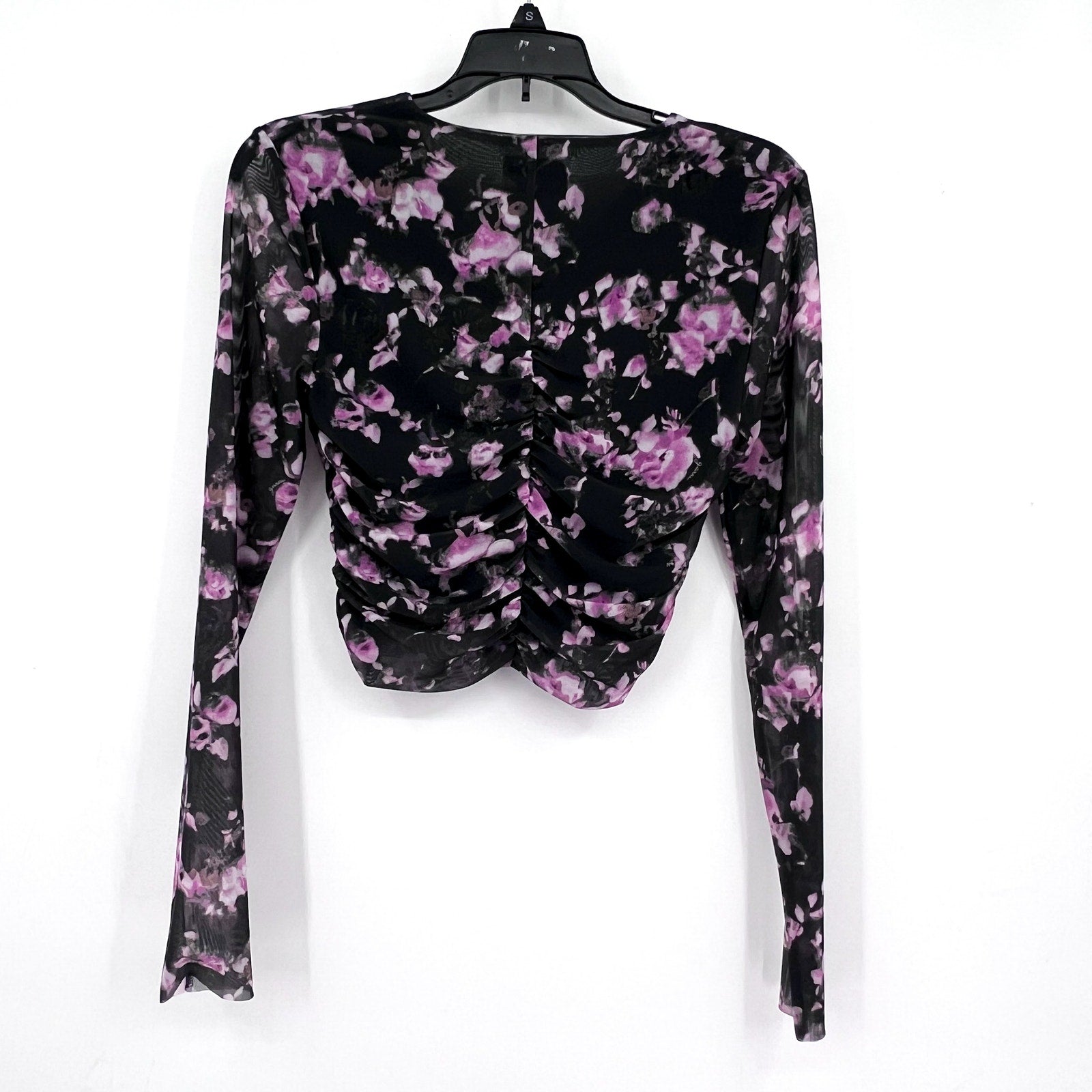 GANNI Women's Floral Mesh Crop Top Size 34 US 2 Black Pink Long Sleeve NWOT
