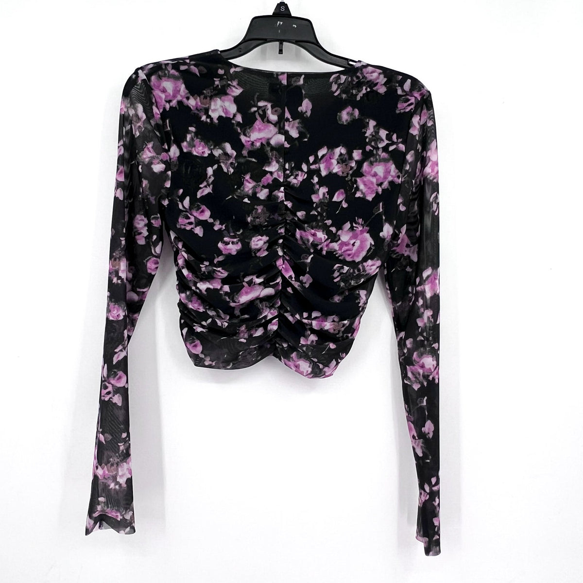 GANNI Women's Floral Mesh Crop Top Size 34 US 2 Black Pink Long Sleeve NWOT