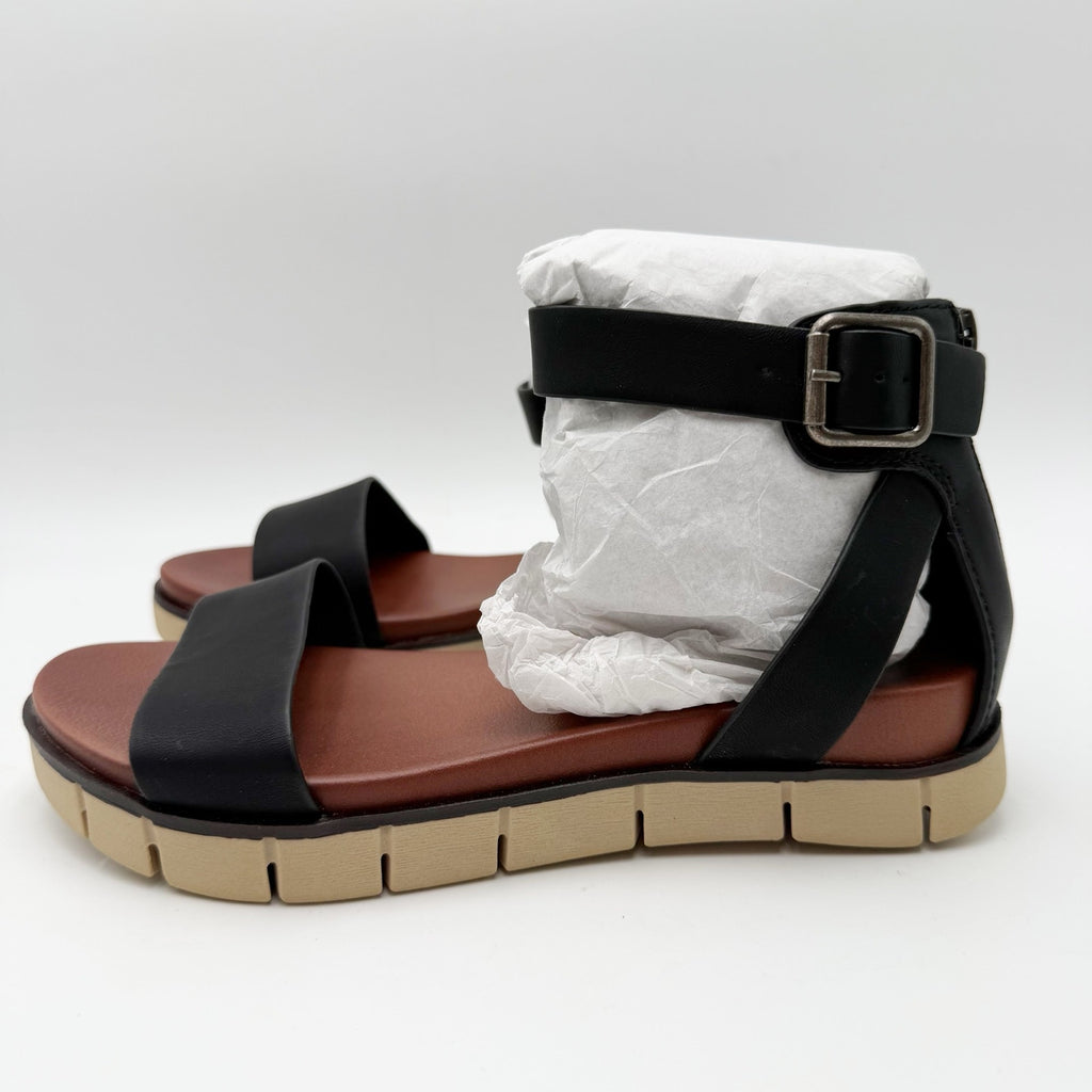 MIA Womens Emilia Sandals Size 6 Black Vegan Leather Flat Platform NWOB