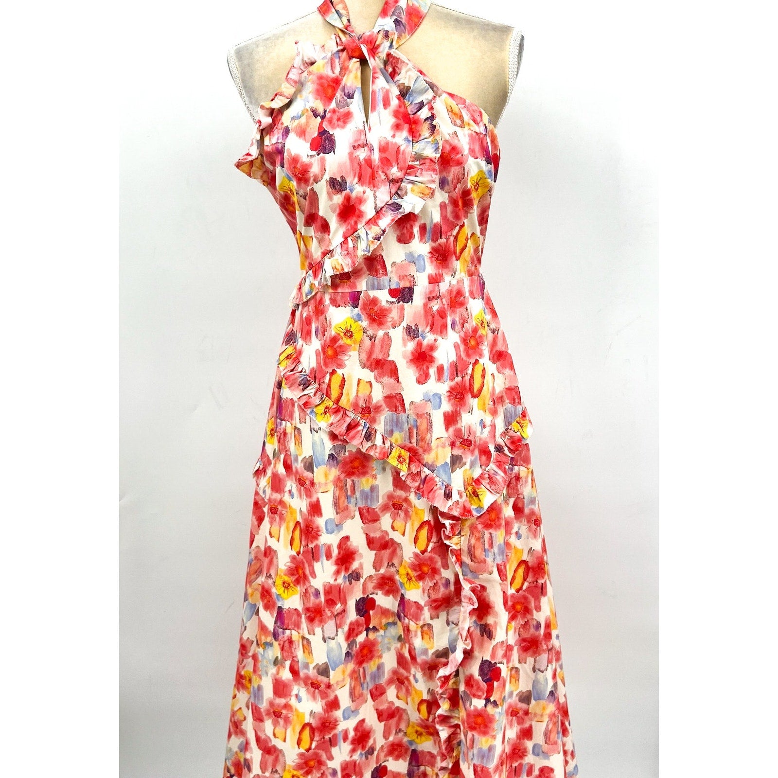 EN SAISON Women's Giada Midi Dress Small Pink Coral Floral Print Halter NWOT
