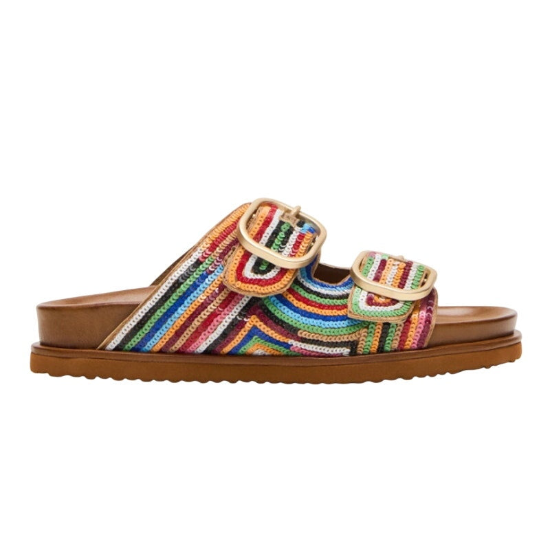 Steve Madden Womens Tourist Footbed Sandals Size 7.5 Multicolor Sequins NIB