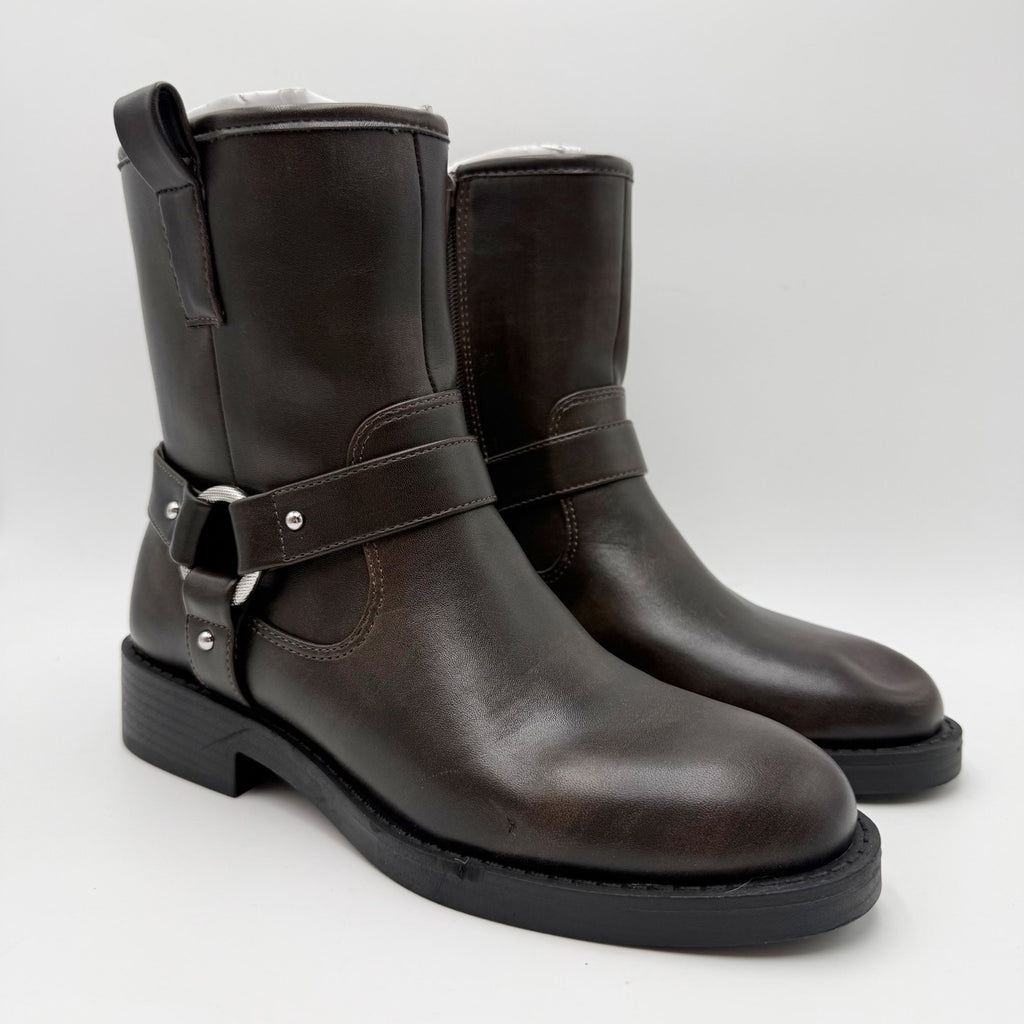 DV by Dolce Vita Womens Poca Harness-Strap Moto Boots Size 7 M Brown NWOB