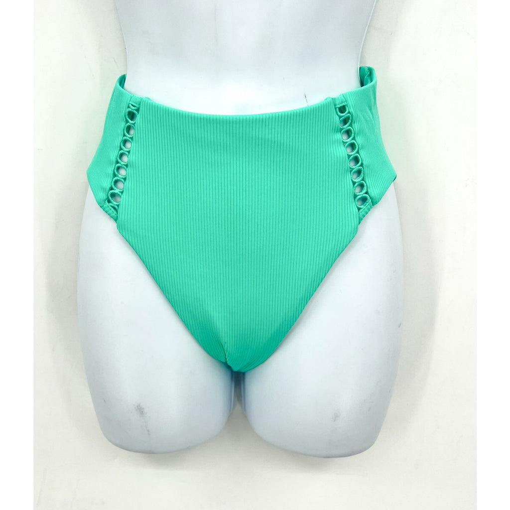 BECCA High Waist Bikini Bottoms Medium Green Aqua Sea Modern Edge Cut Out NWT
