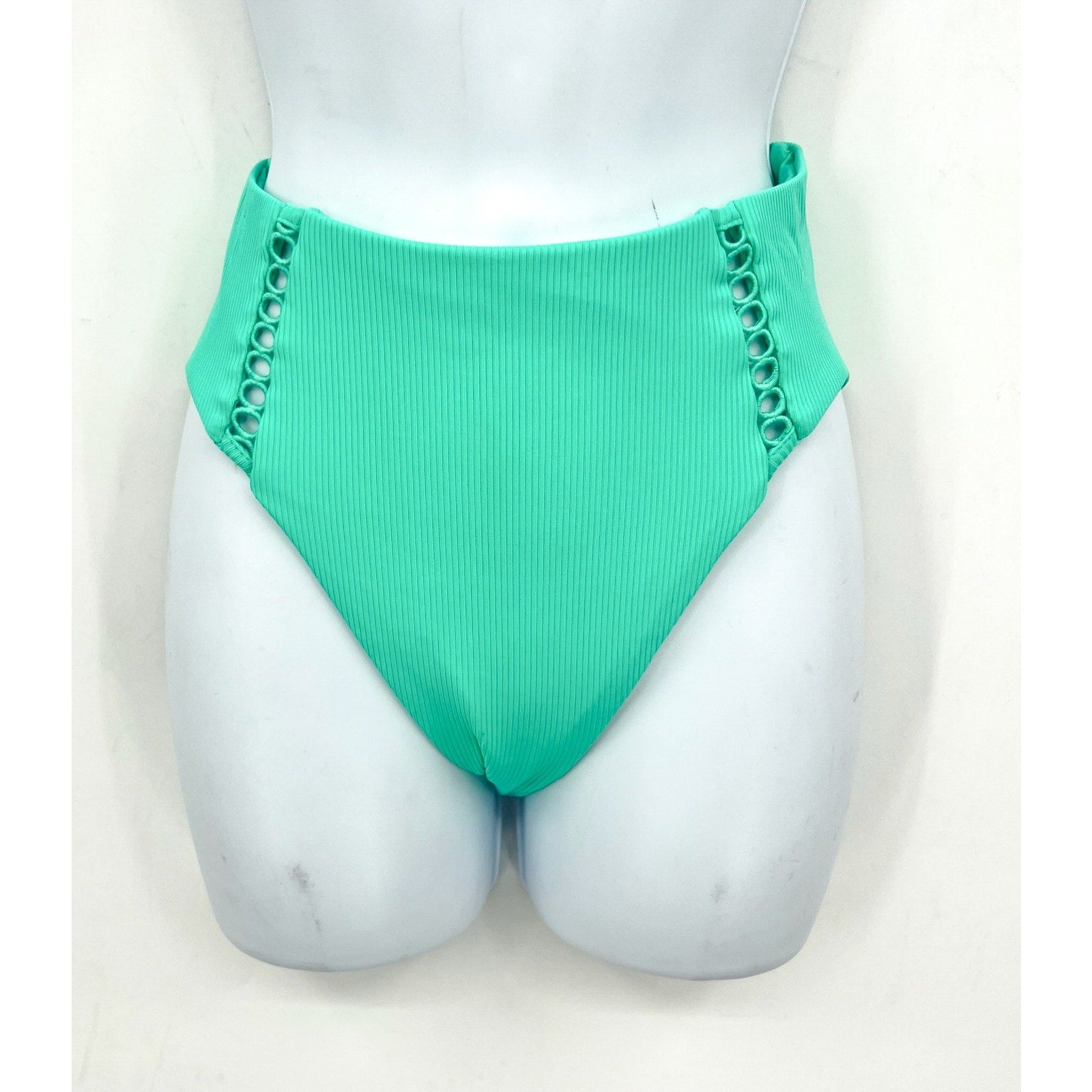 BECCA High Waist Bikini Bottoms Medium Green Aqua Sea Modern Edge Cut Out NWT