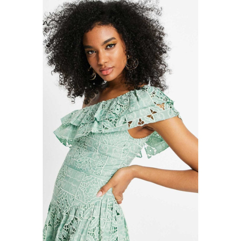 ASOS DESIGN One Shoulder Midi Dress Small Sage Green Patched Lace Ruffle NWOT