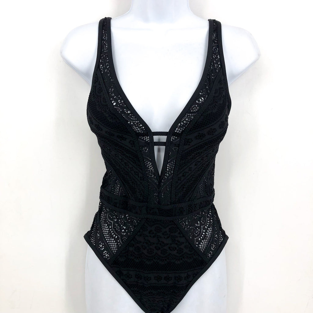 BECCA Womens Color Play Crochet Plunge One Piece Swimsuit XL Black NWT
