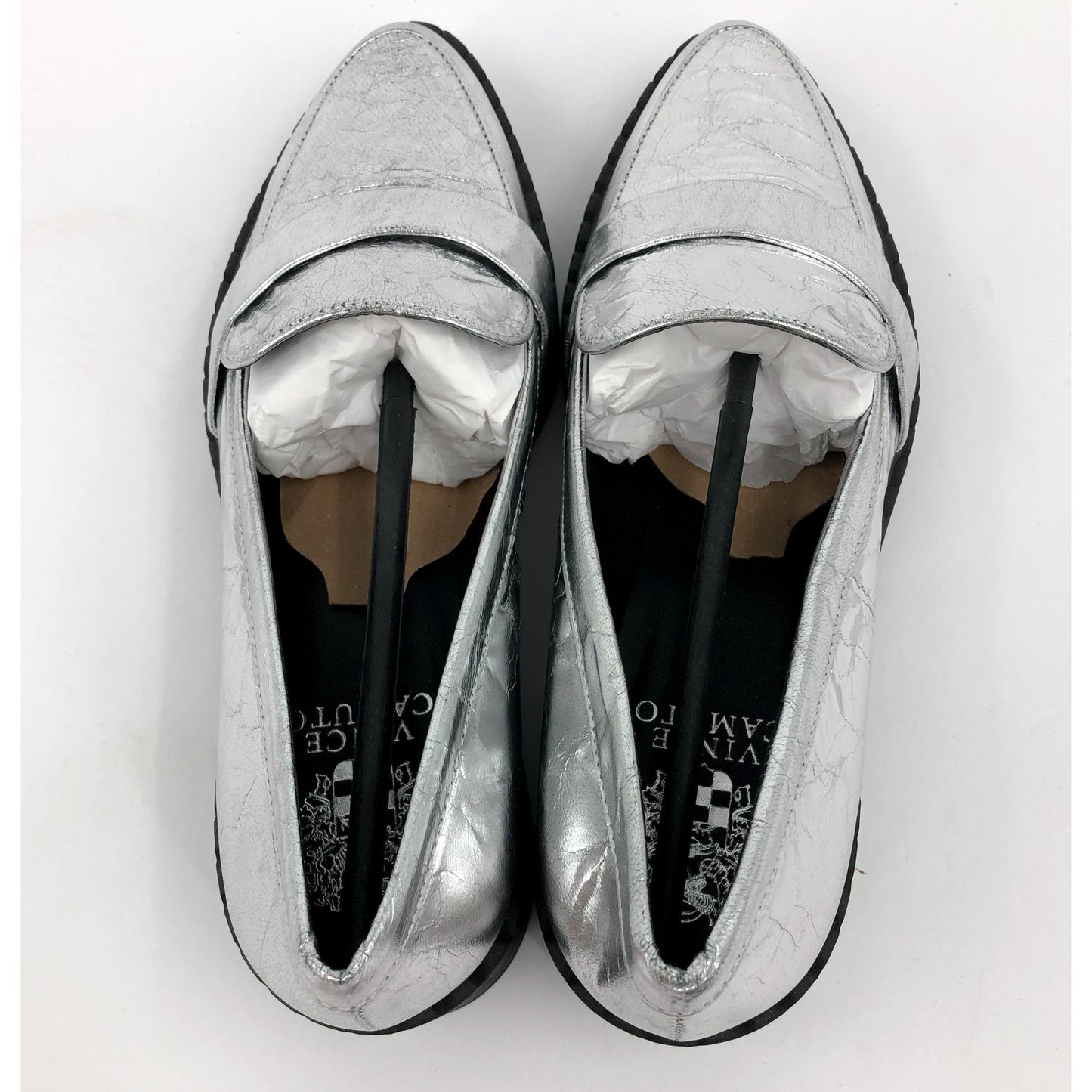 VINCE CAMUTO Women's Echika Loafer 8 M Silver Leather Chunky Block Heel NWOB