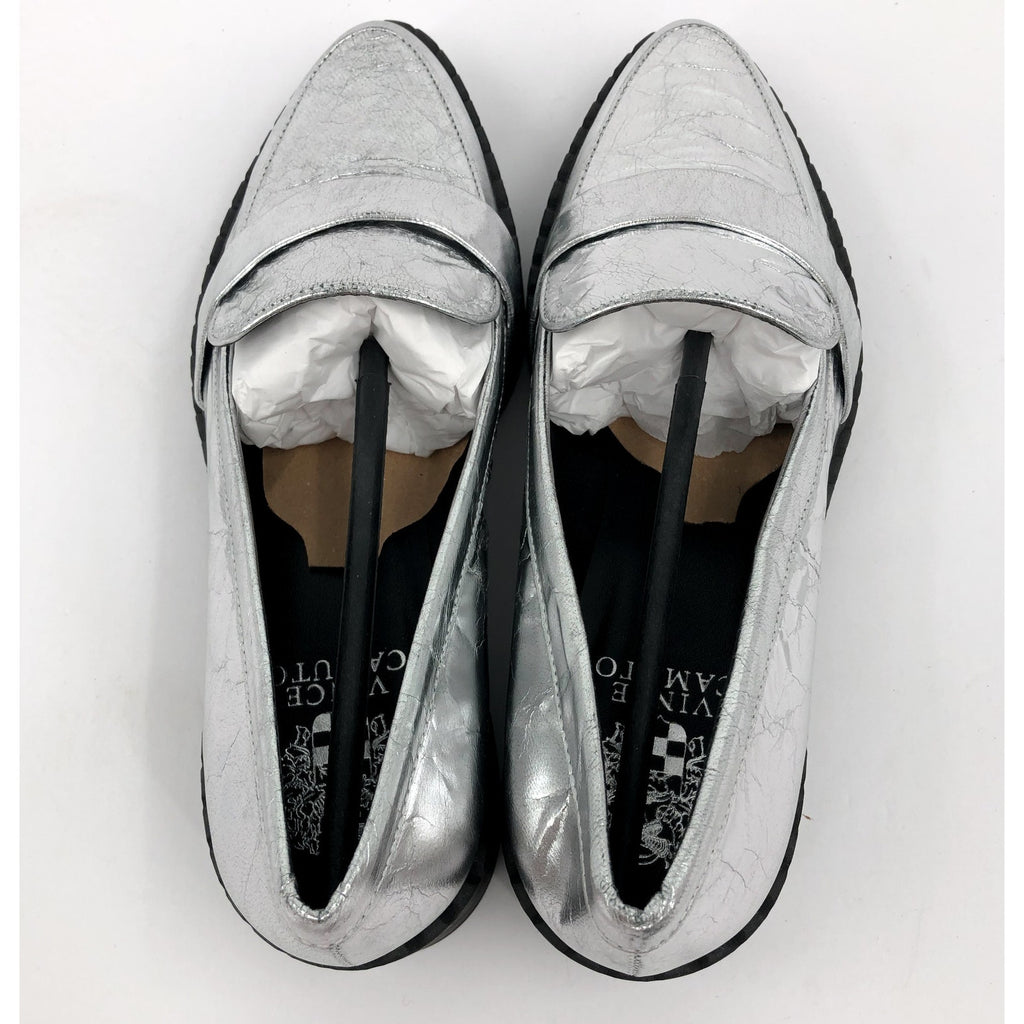 VINCE CAMUTO Womens Echika Loafer Size 8 M Silver Leather Chunky Block Heel NWOB