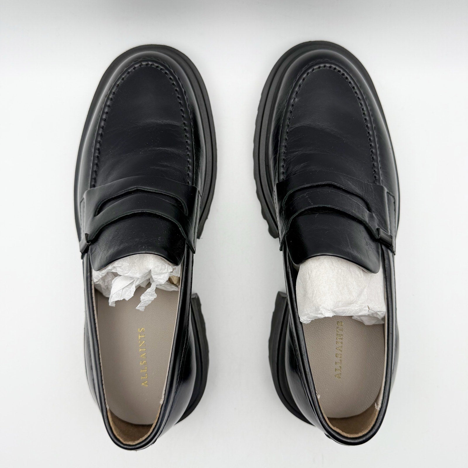 Allsaints Womens Lola Loafers US 7 EU 37 Black Leather Chunky Lug Sole NWOB