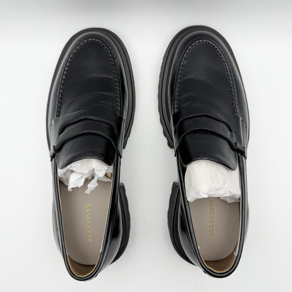 Allsaints Womens Lola Loafers Size 7 EU 37 Black Leather Chunky Lug Sole NWOB