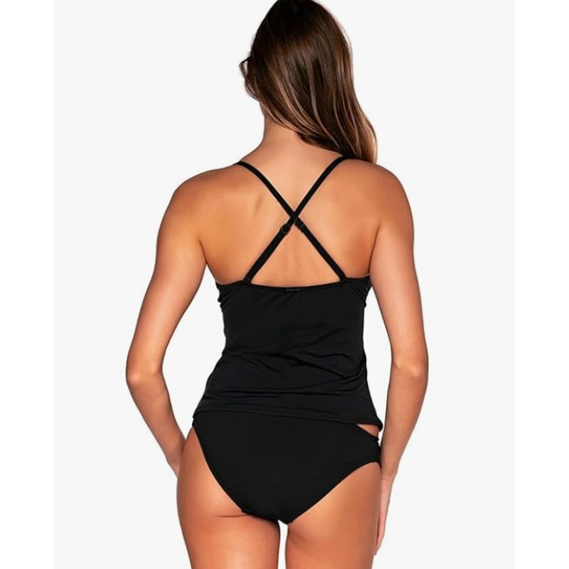 SUNSETS Women's Simone Tankini Top Large Black Swim Cross-Over Front NWT