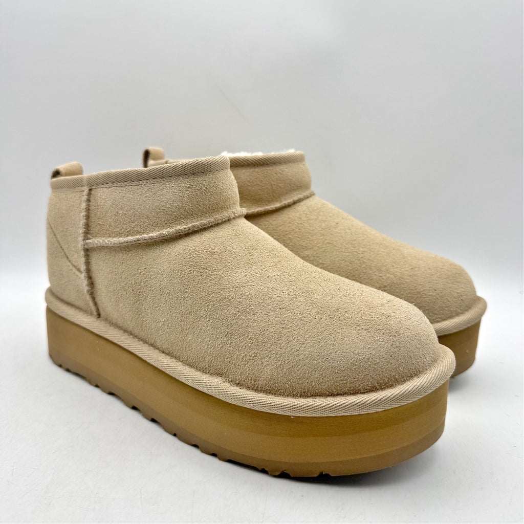 UGG Women Classic Ultra Mini Platform Boot US 5 Sand Suede Fur Plush Lining NWOB