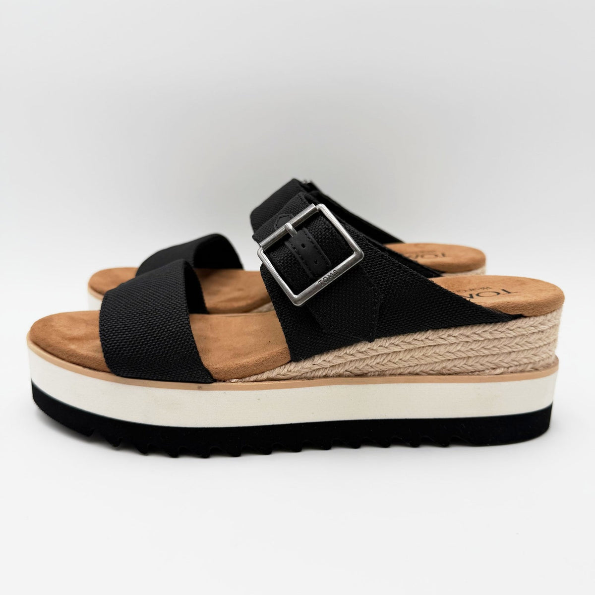 TOMS Womens Diana Mule Buckle Wedge Sandals Size 8 EU 38.5 Black Canvas NIB