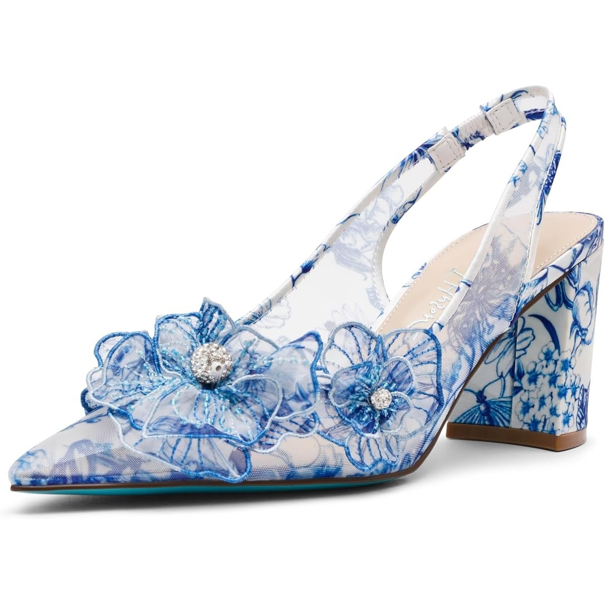 Betsey Johnson Womens Petra Slingback Heels Size 5 White Blue Floral Chiffon NIB