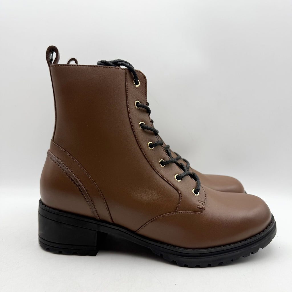 Cole Haan Womens Camea Combat Boots US 7 Brown Leather Zip Side Waterproof NWOB