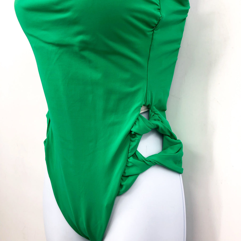 BECCA Baja Mar One Piece Swimsuit Large Green Verde Bow Side Open Back NWT