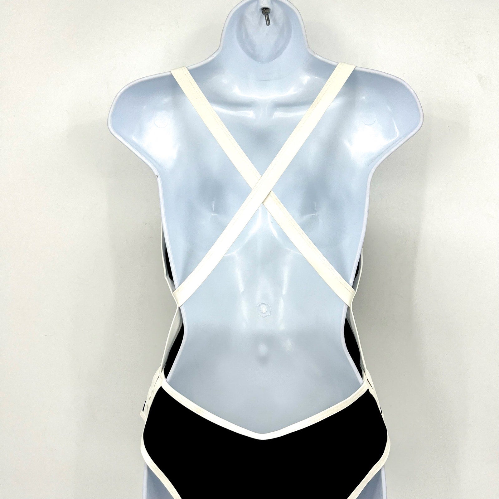 L*SPACE Womens Ribbed Baewatch One Piece Swimsuit Large Black Cream Low Back NWT