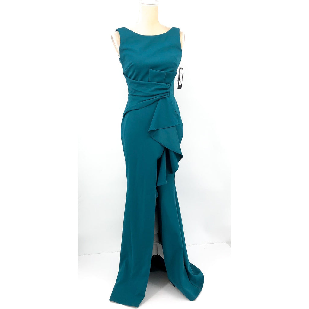 BETSY & ADAM Women's Christine Scuba Crepe Gown Size 4 Azure Blue Ruffle Bow NWT
