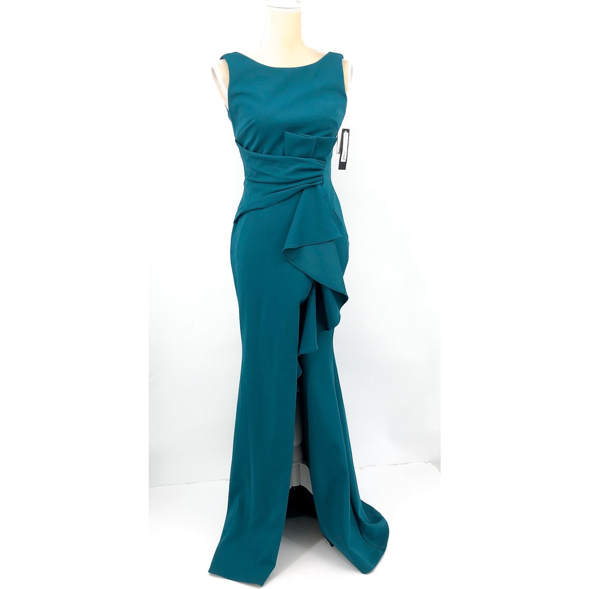 BETSY & ADAM Women's Christine Scuba Crepe Gown Size 4 Azure Blue Ruffle Bow NWT