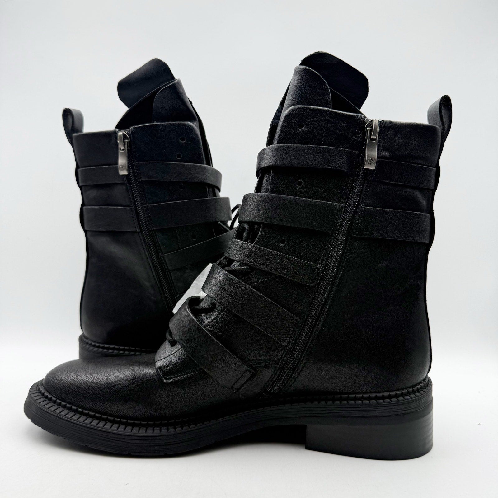 DKNY Womens Ita Buckled Combat Boots US 9.5 EU 40.5 Black Leather NIB