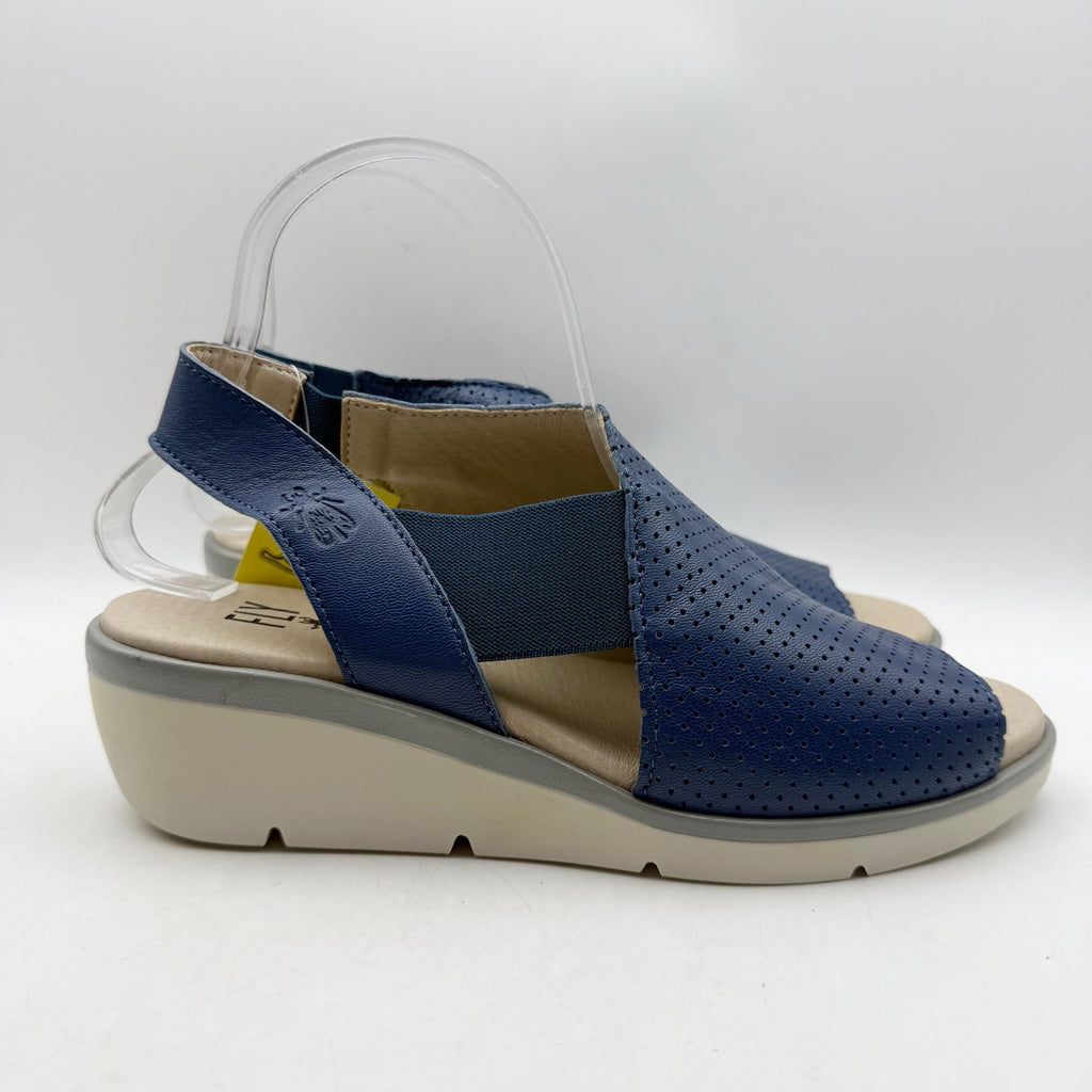 Fly London Womens Nisi Wedge Sandals EU 38 US 7.5-8 Blue Leather NWT