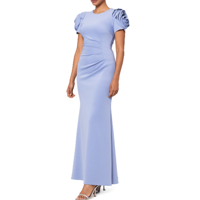 XSCAPE Rosette Ruched Sheath Gown Size 12 Sky Blue Short Sleeve Floral 4721X NWT